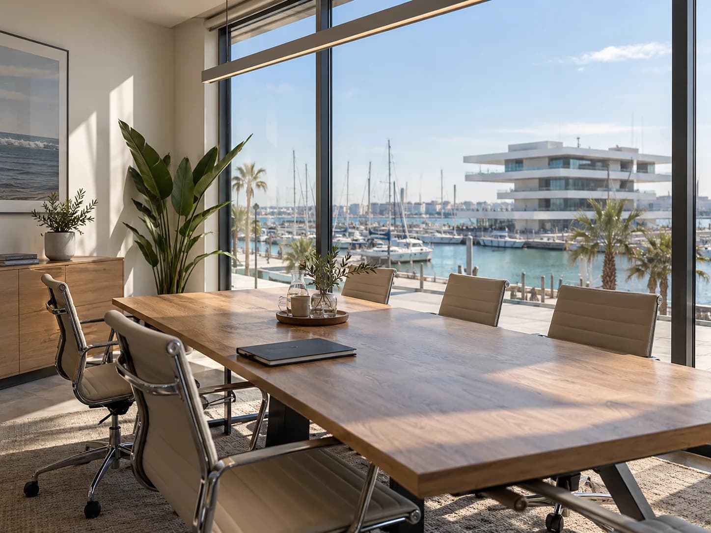 Image d’ambiance générée : une salle de réunion lumineuse avec vue sur la Marina de Valencia.