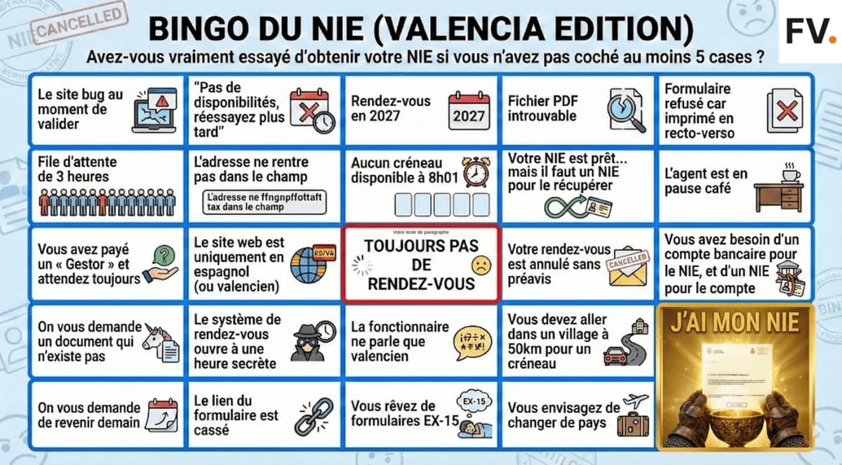 Bingo du NIE (Valencia Edition) : grille des 25 blocages les plus fréquents rencontrés en demandant son NIE à Valence, site en panne, aucun créneau disponible, formulaire refusé, rendez-vous annulé sans préavis.