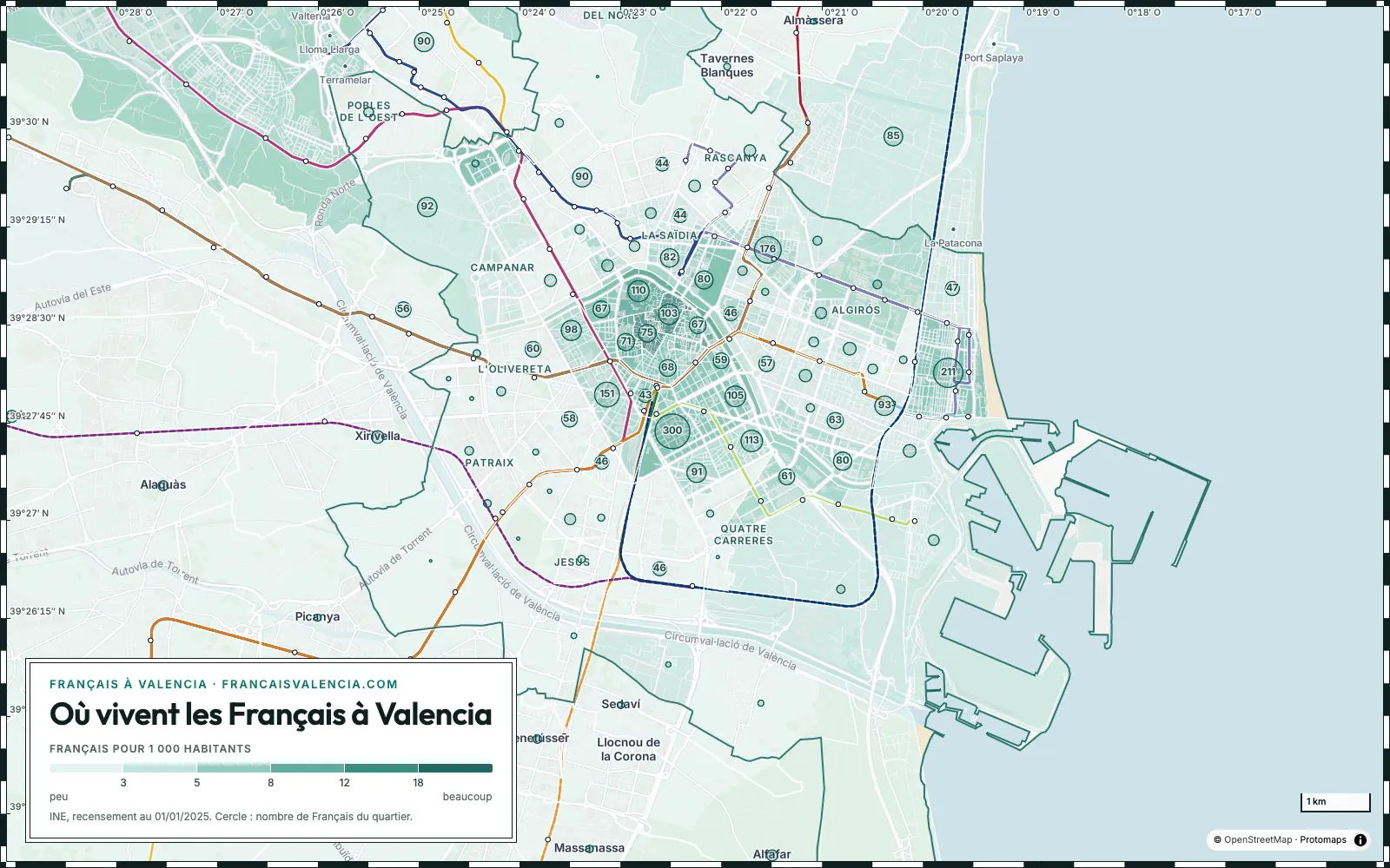 Carte des quartiers de Valencia selon le nombre de Français recensés en 2025 : Russafa, El Cabanyal et Benimaclet en tête